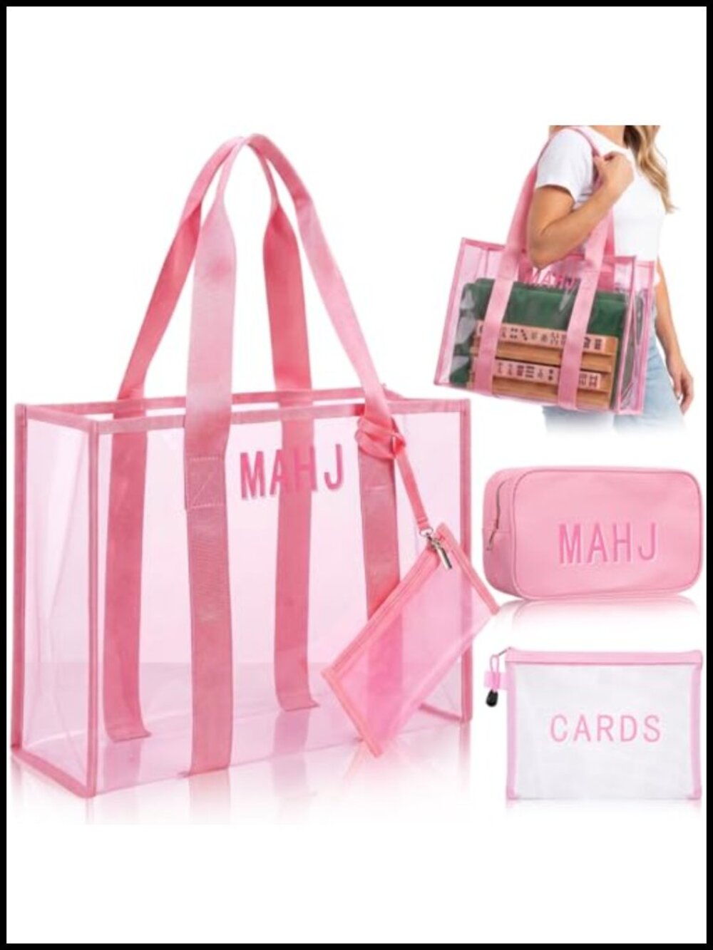 3 Pcs Empty Mahjong Tile Tote Bag Set with Zipper for 166 Tiles, Clear PVC